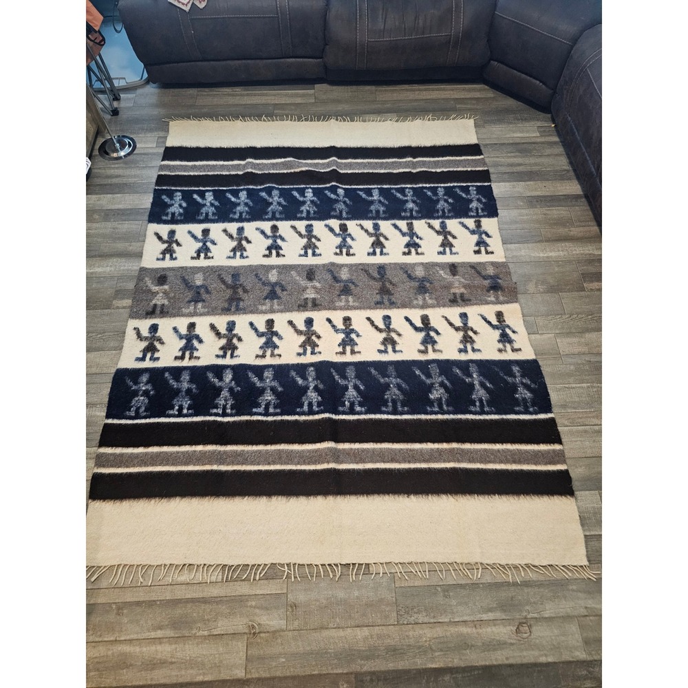 Handwoven Wool Area Rug Cream Blue Grey Human Figure Pattern Vintage Style